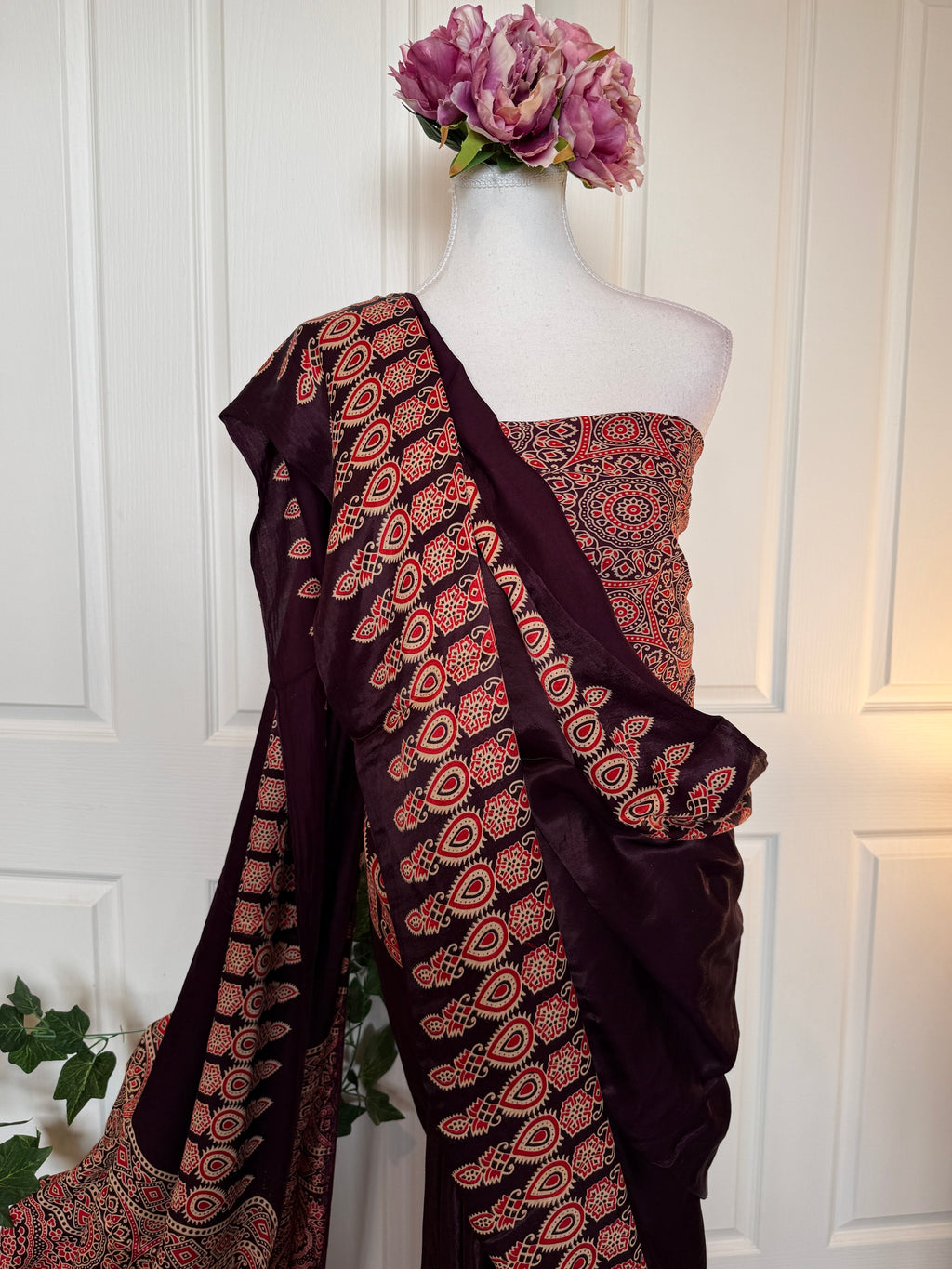Saanjh – Plum Ajrakh Print Satin Silk Saree with Designer Pallu