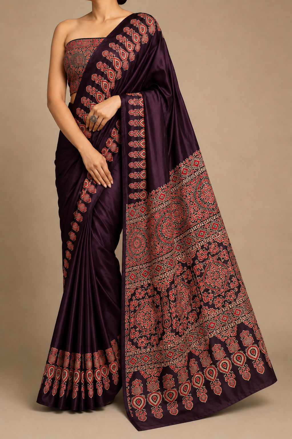 Saanjh – Plum Ajrakh Print Satin Silk Saree with Designer Pallu