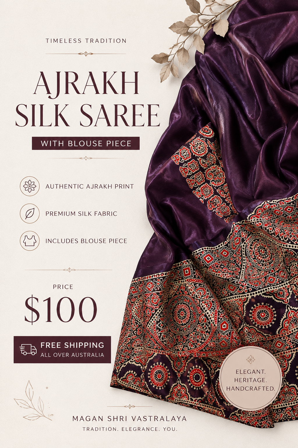 Saanjh – Plum Ajrakh Print Satin Silk Saree with Designer Pallu
