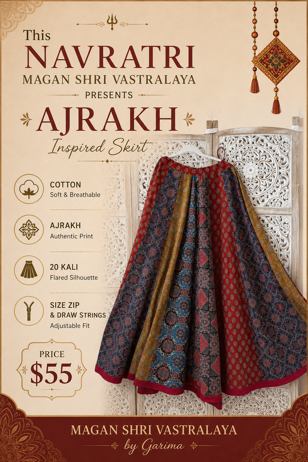 20 Kali Ajrakh Inspired Cotton Flared Skirt