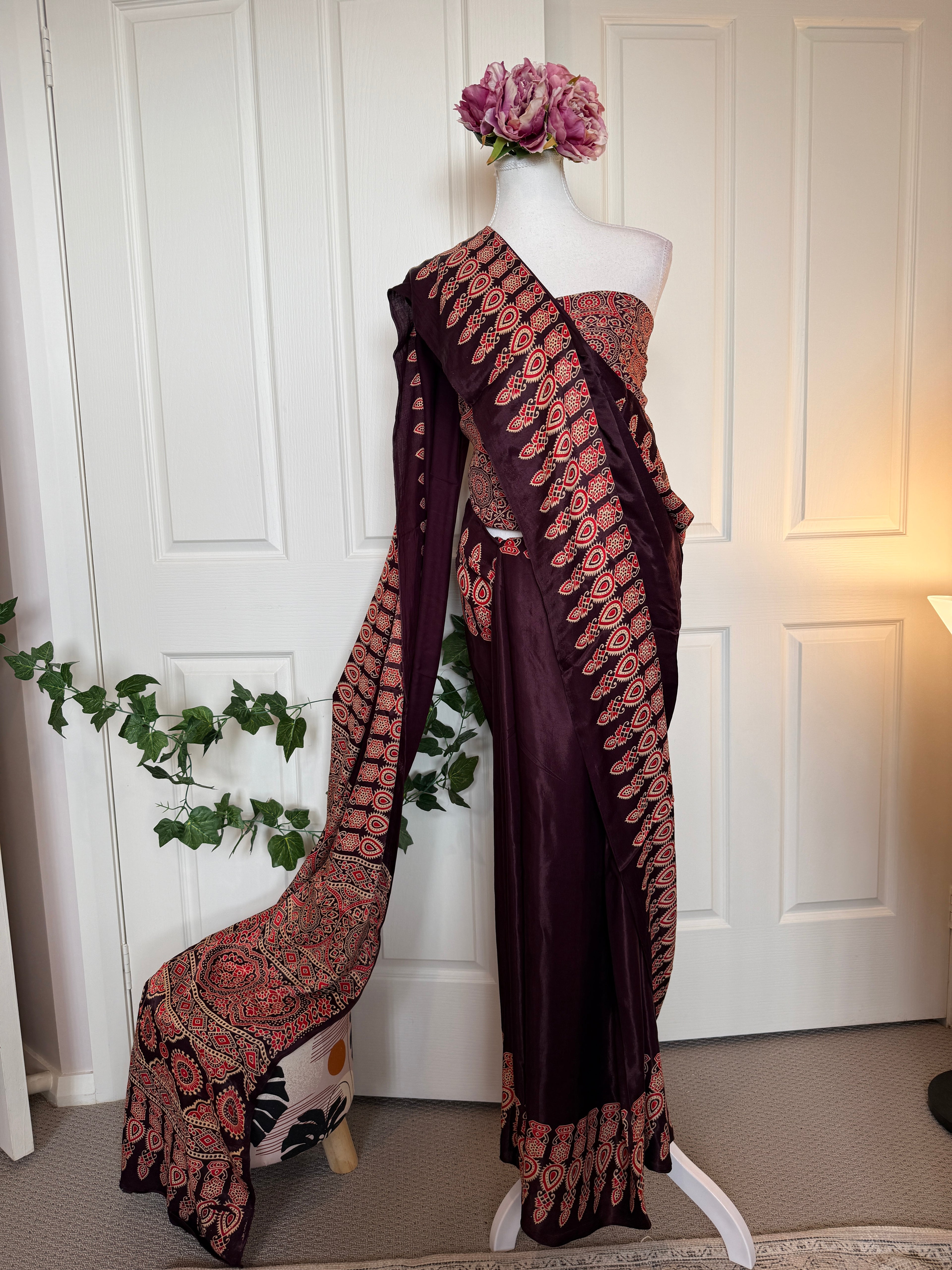 Saanjh – Plum Ajrakh Print Satin Silk Saree with Designer Pallu