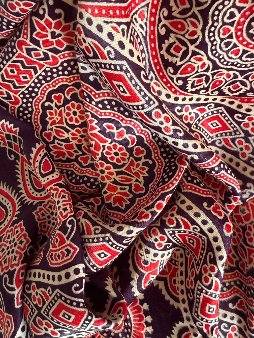 Saanjh – Plum Ajrakh Print Satin Silk Saree with Designer Pallu