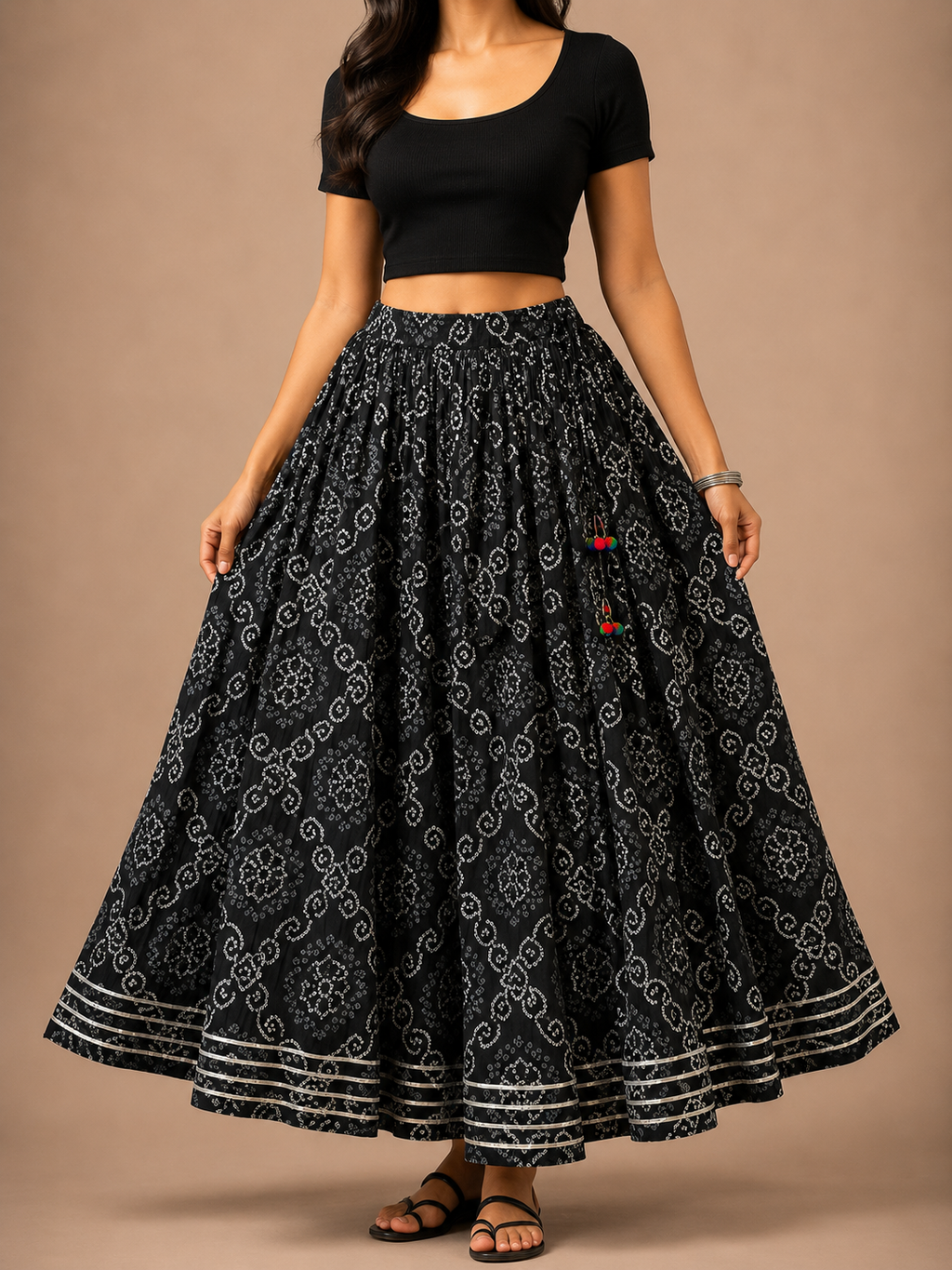 Bandhani Cotton Flared Skirt – Full Elastic Waist with Side Drawstrings