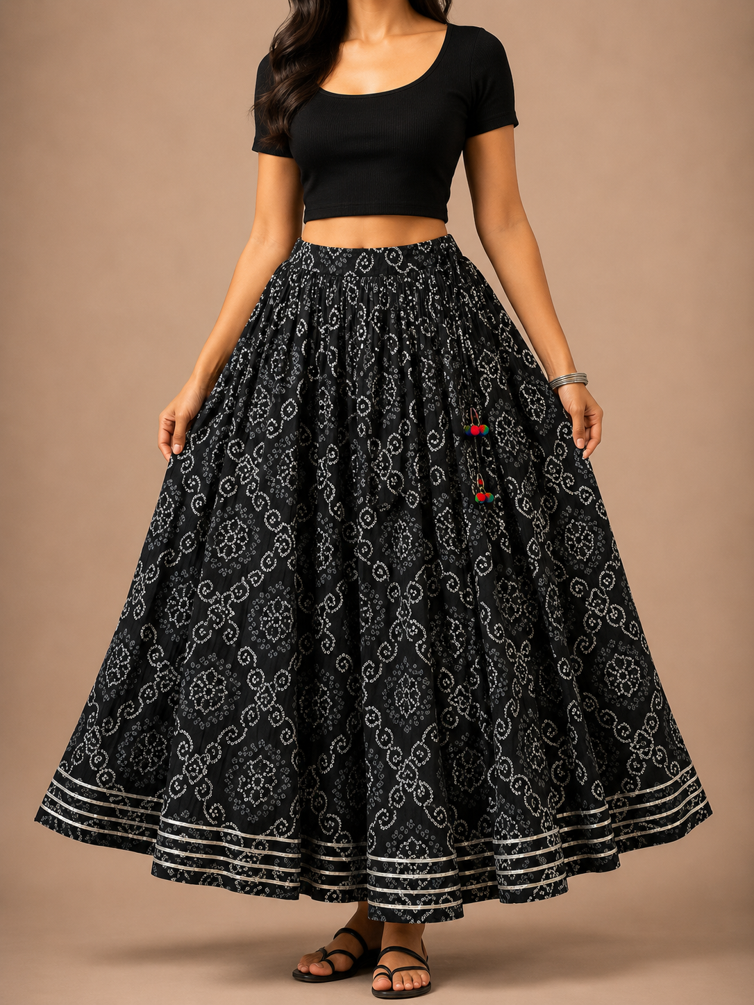 Bandhani Cotton Flared Skirt – Full Elastic Waist with Side Drawstrings