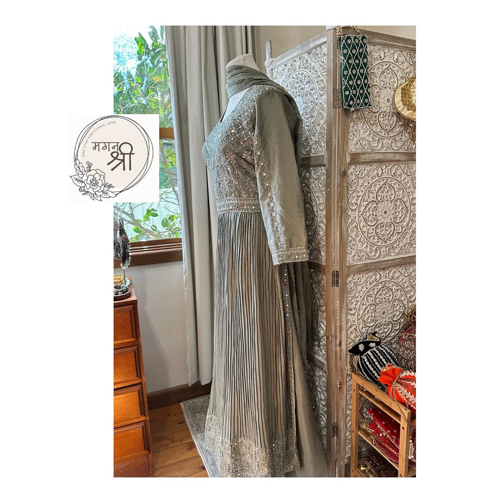 Sage Green Naira Cut Suit Set with Wide Leg Pants