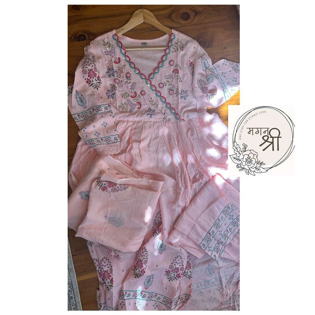 Pink Embroidered Suit Set with Printed Dupatta and Straight Pants