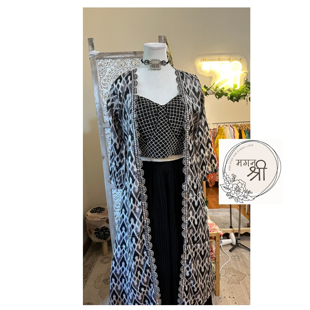 Black Indo-Western Skirt Set with Printed Jacket
