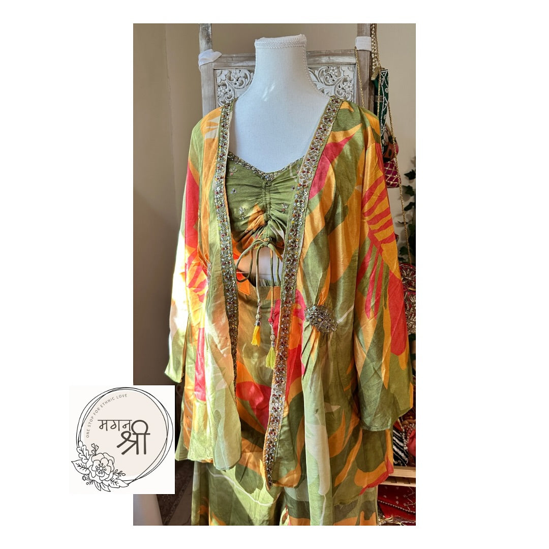 Printed Indo-Western Plazzo Set with Sleeved Cape Jacket
