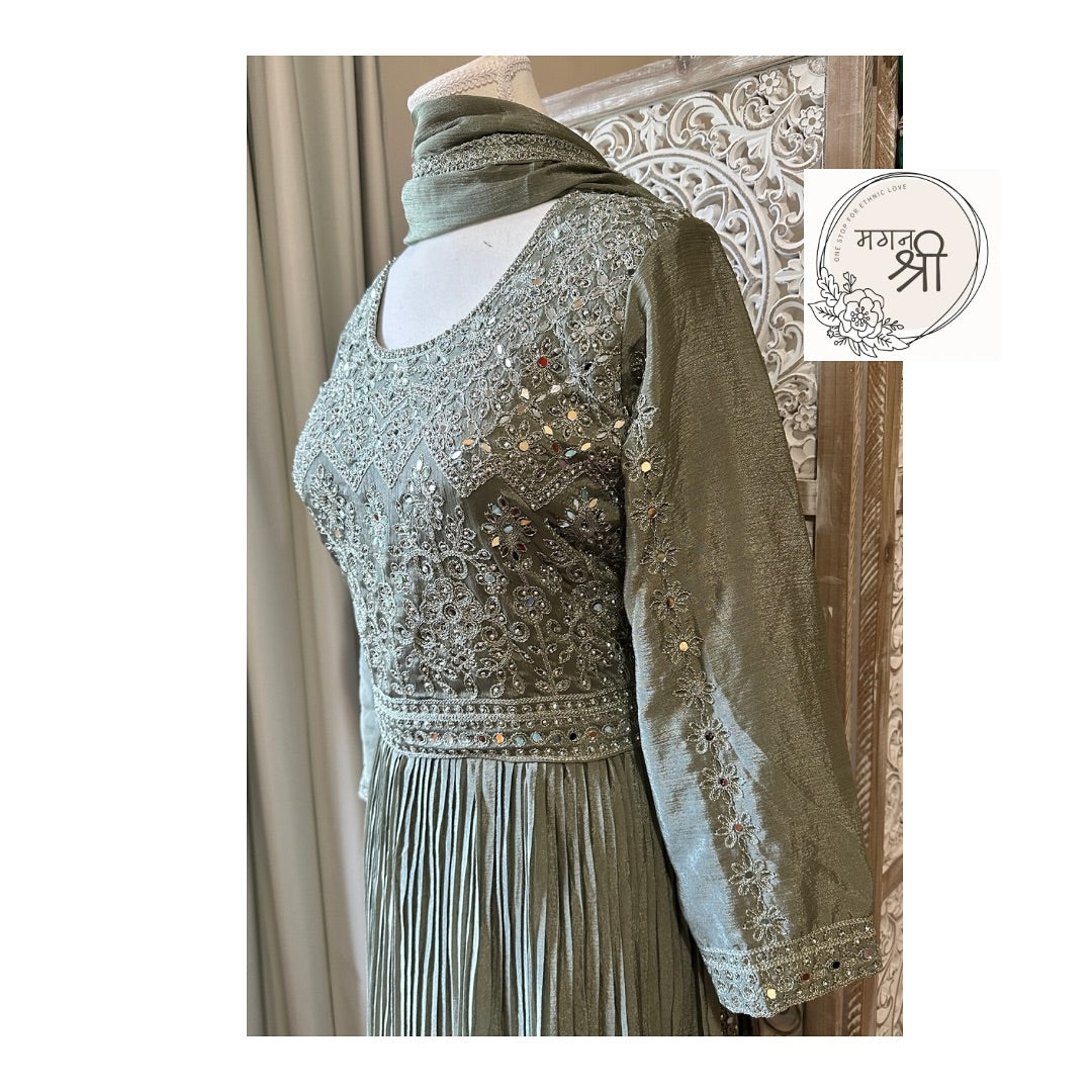 Sage Green Naira Cut Suit Set with Wide Leg Pants