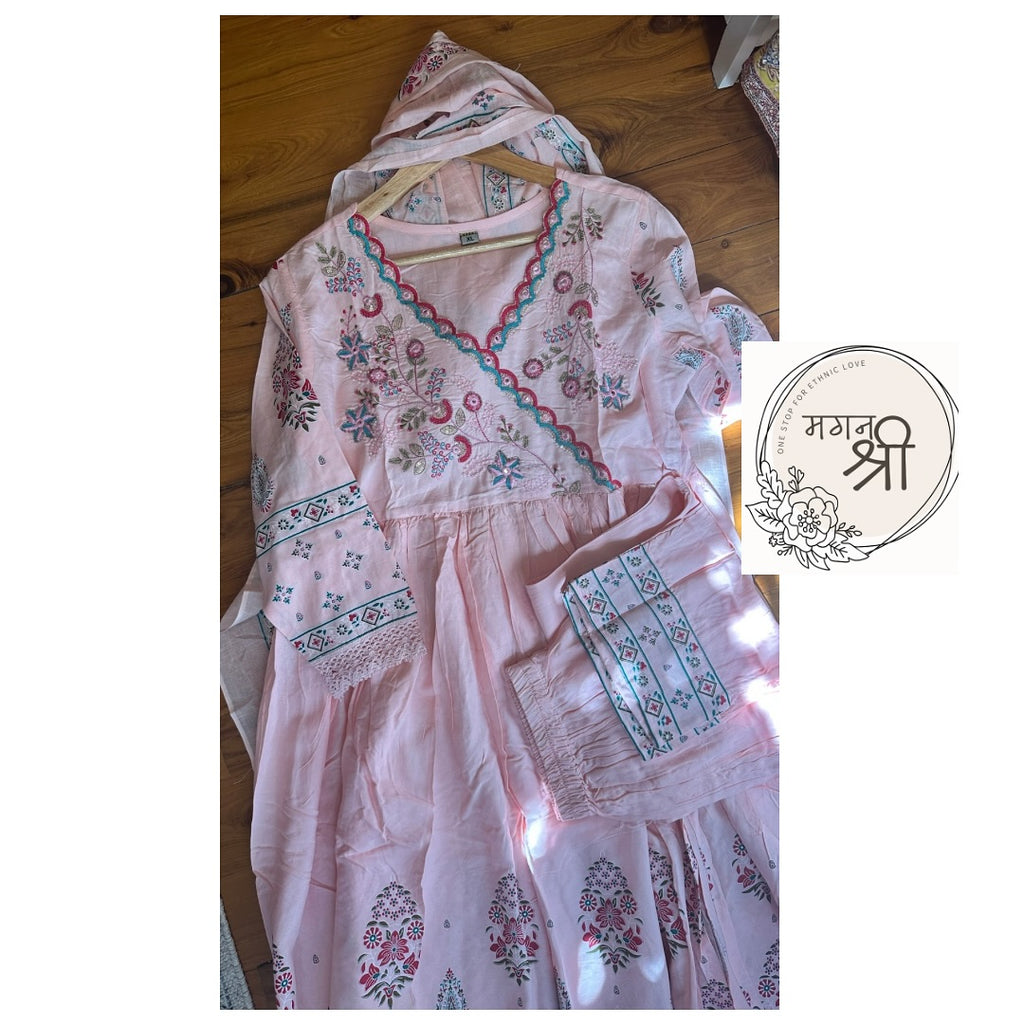 Pink Embroidered Suit Set with Printed Dupatta and Straight Pants