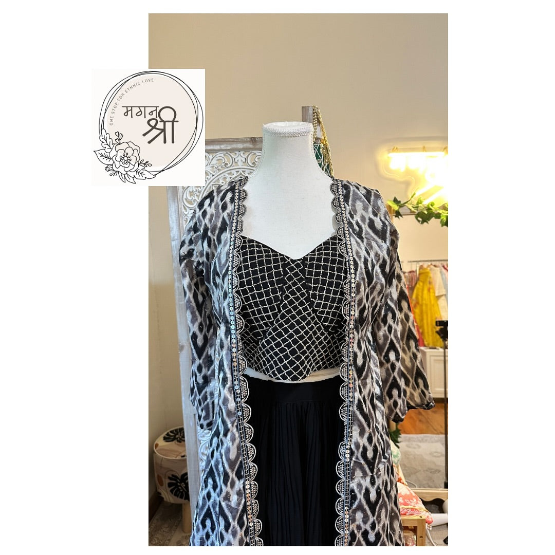 Black Indo-Western Skirt Set with Printed Jacket