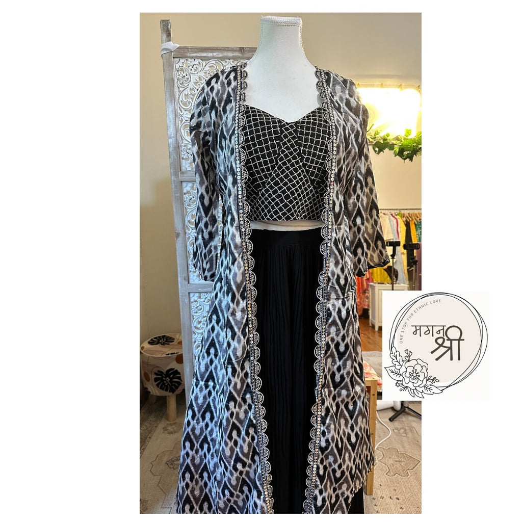 Black Indo-Western Skirt Set with Printed Jacket
