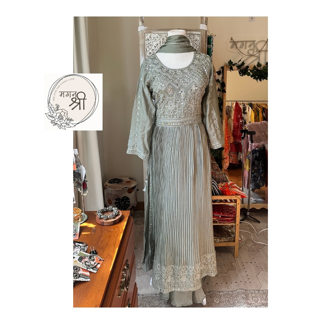 Sage Green Naira Cut Suit Set with Wide Leg Pants