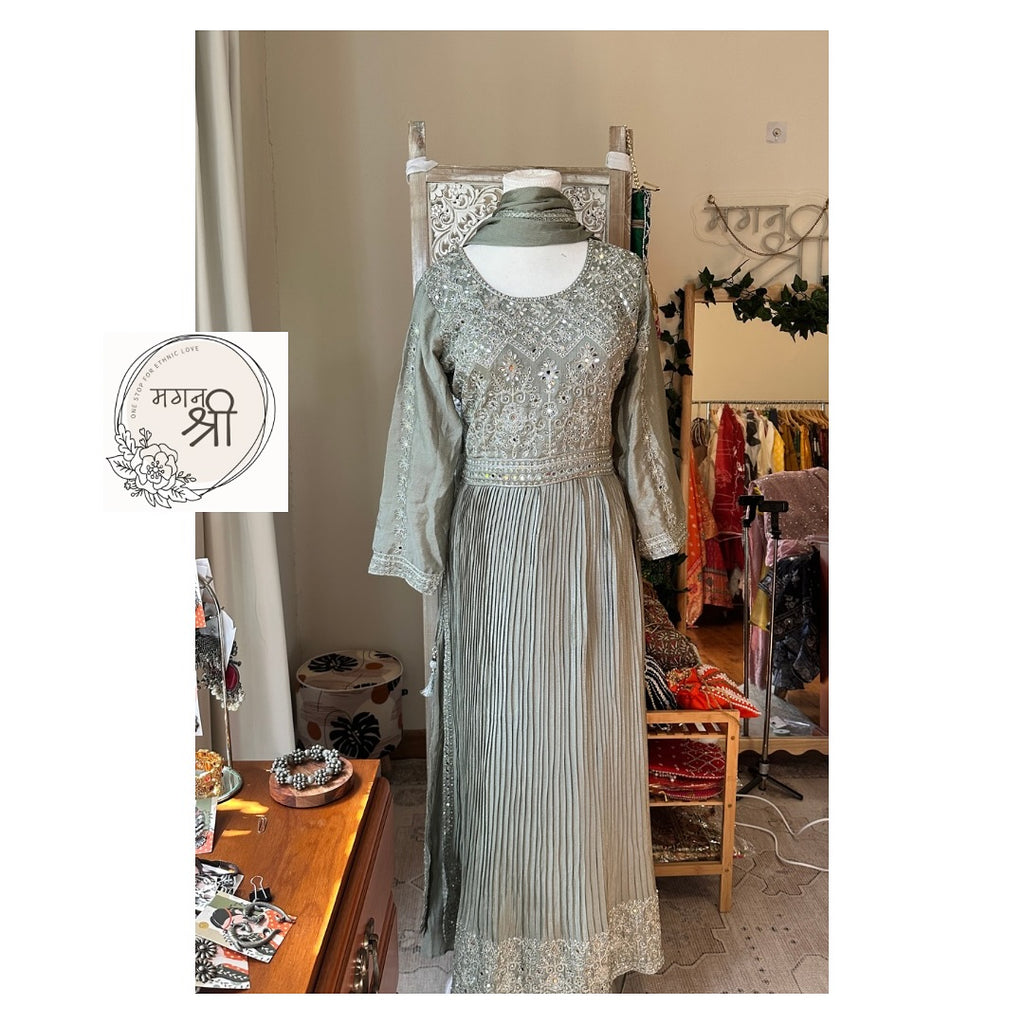 Sage Green Naira Cut Suit Set with Wide Leg Pants