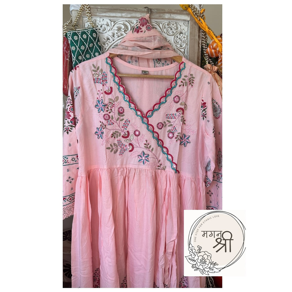 Pink Embroidered Suit Set with Printed Dupatta and Straight Pants