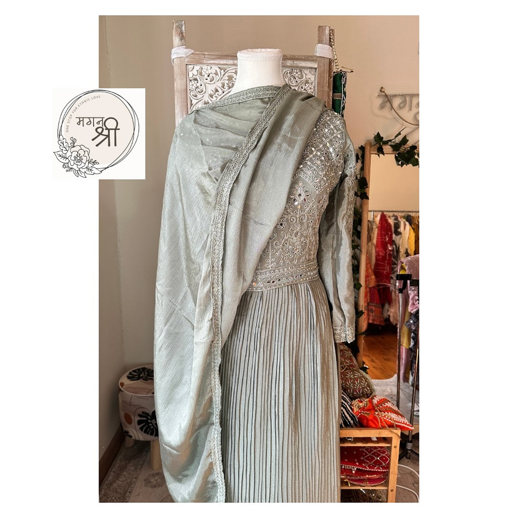 Sage Green Naira Cut Suit Set with Wide Leg Pants