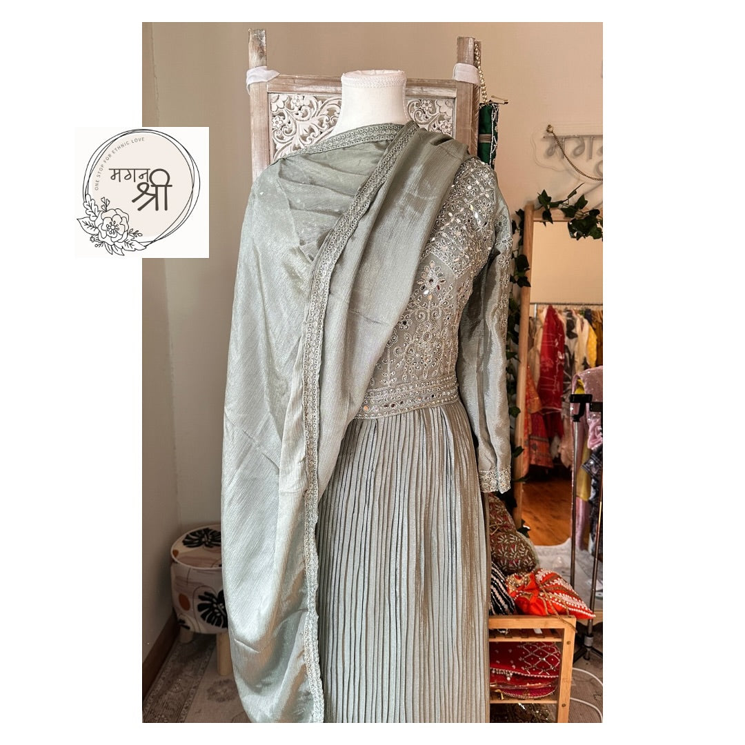 Sage Green Naira Cut Suit Set with Wide Leg Pants