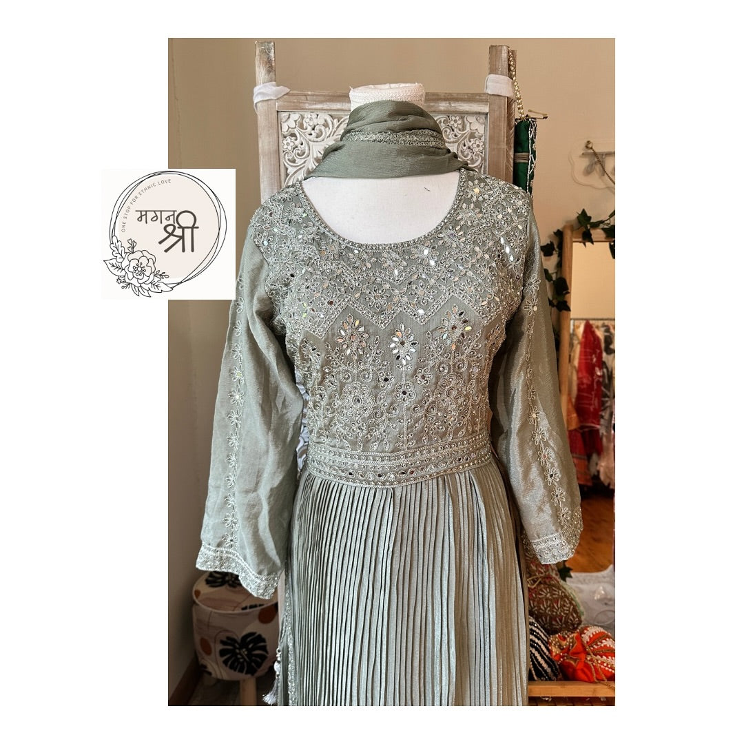 Sage Green Naira Cut Suit Set with Wide Leg Pants