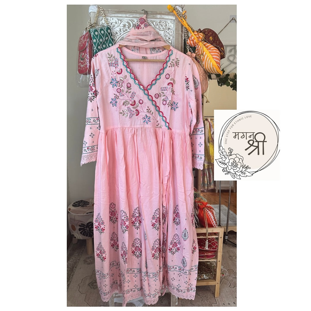 Pink Embroidered Suit Set with Printed Dupatta and Straight Pants