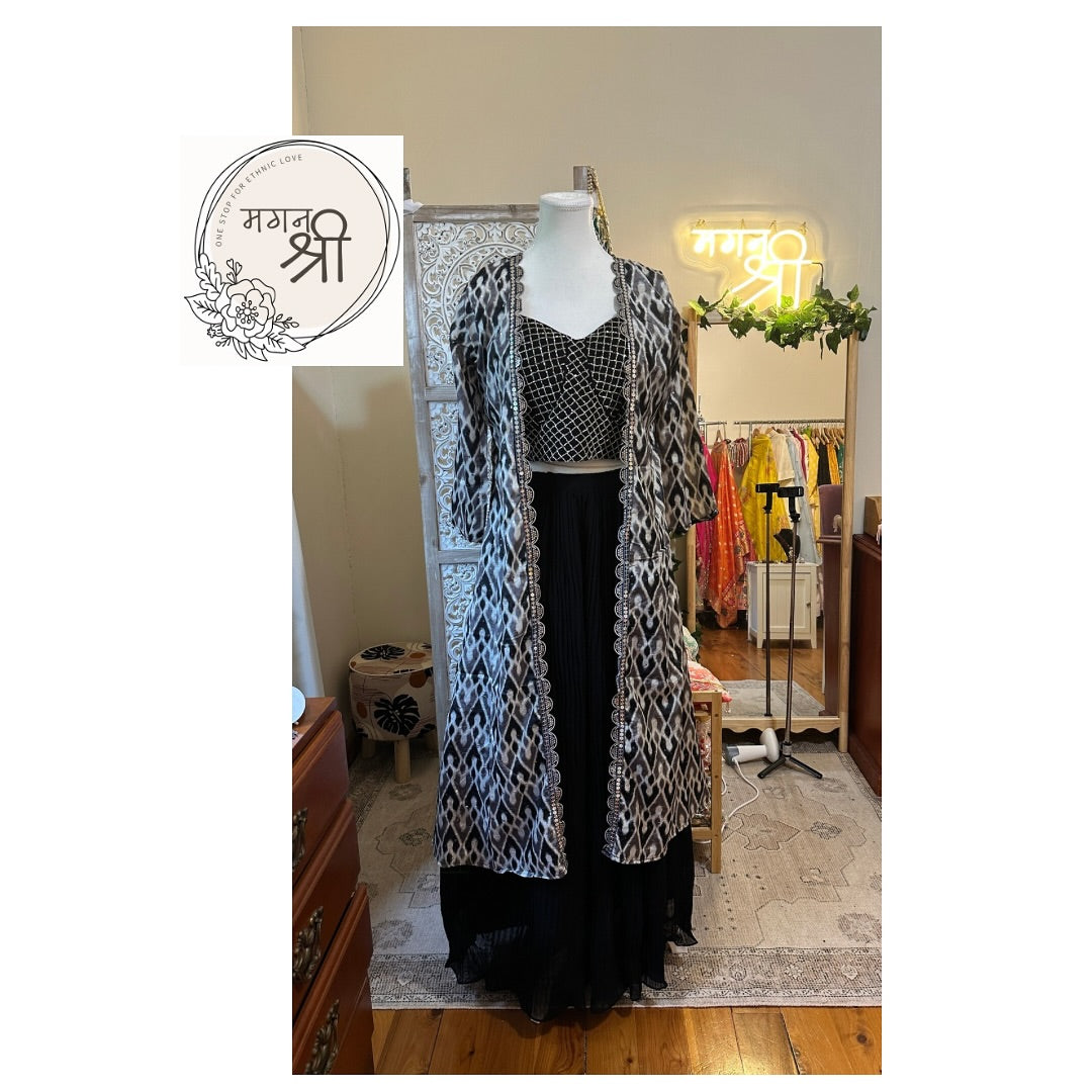 Black Indo-Western Skirt Set with Printed Jacket