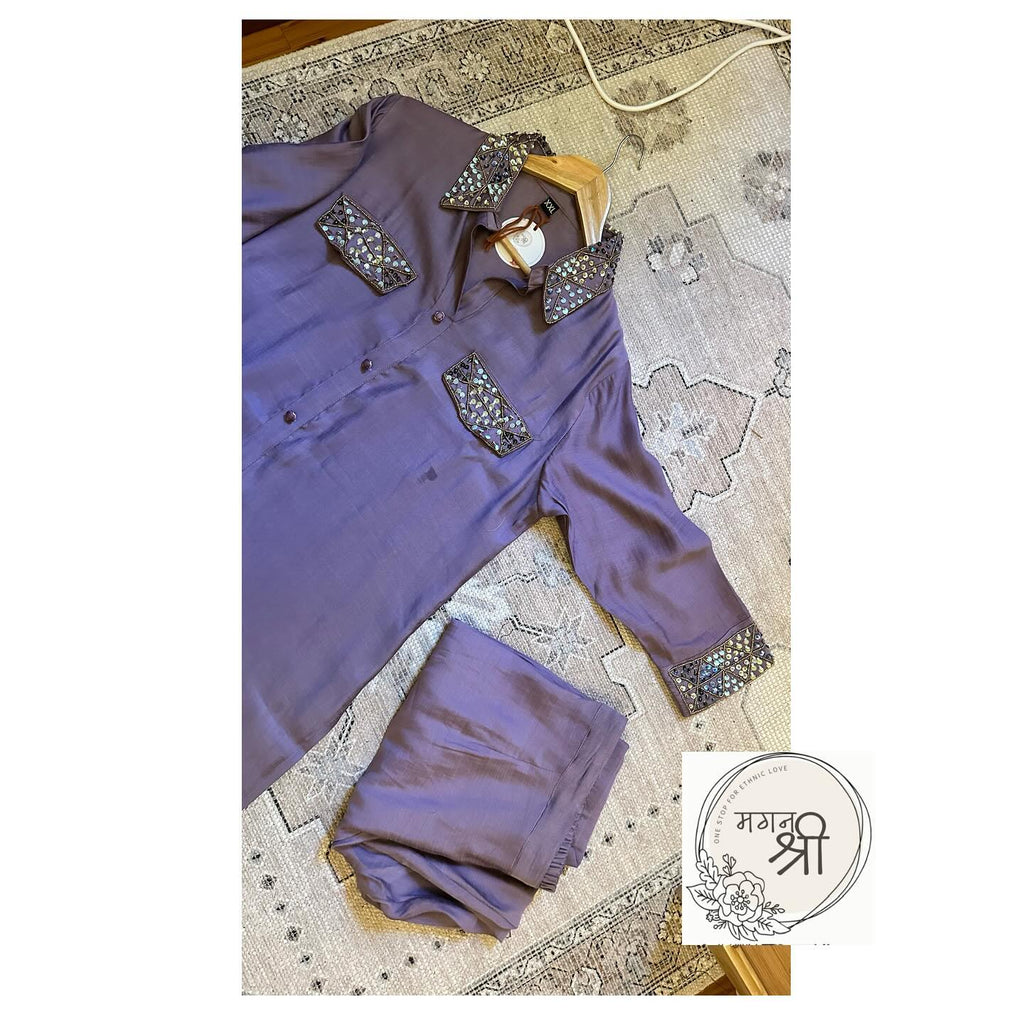 Sequin Embroidered Shirt lavender Co-Ord Set