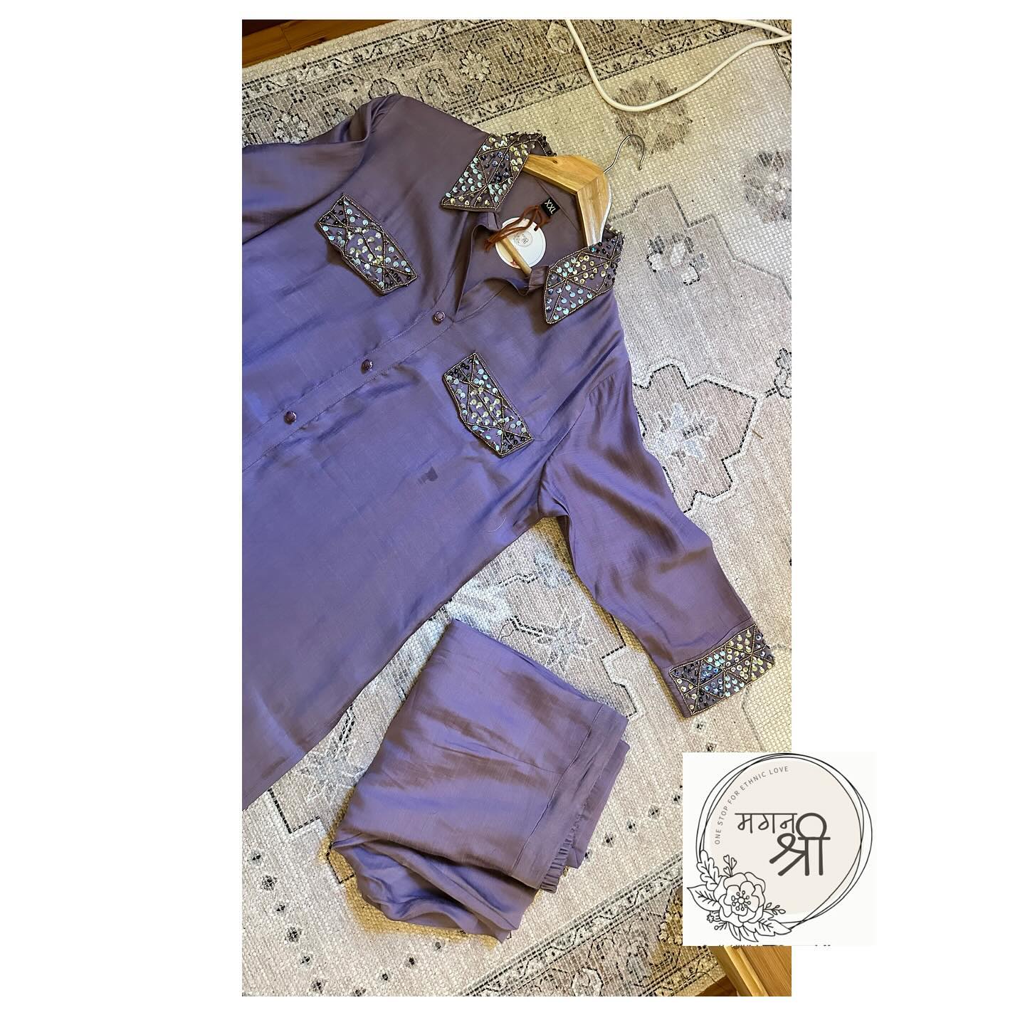 Sequin Embroidered Shirt lavender Co-Ord Set
