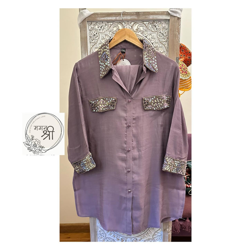 Sequin Embroidered Shirt lavender Co-Ord Set
