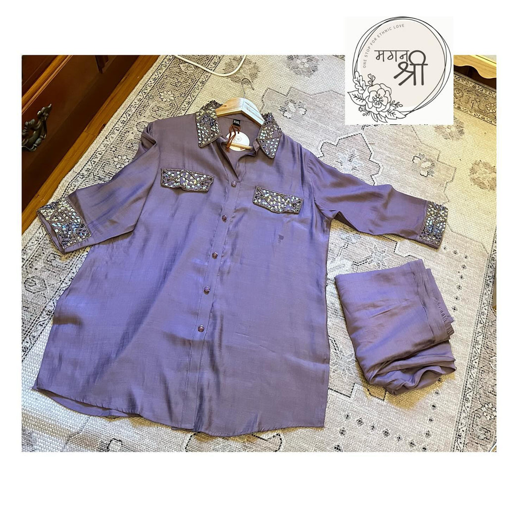 Sequin Embroidered Shirt lavender Co-Ord Set