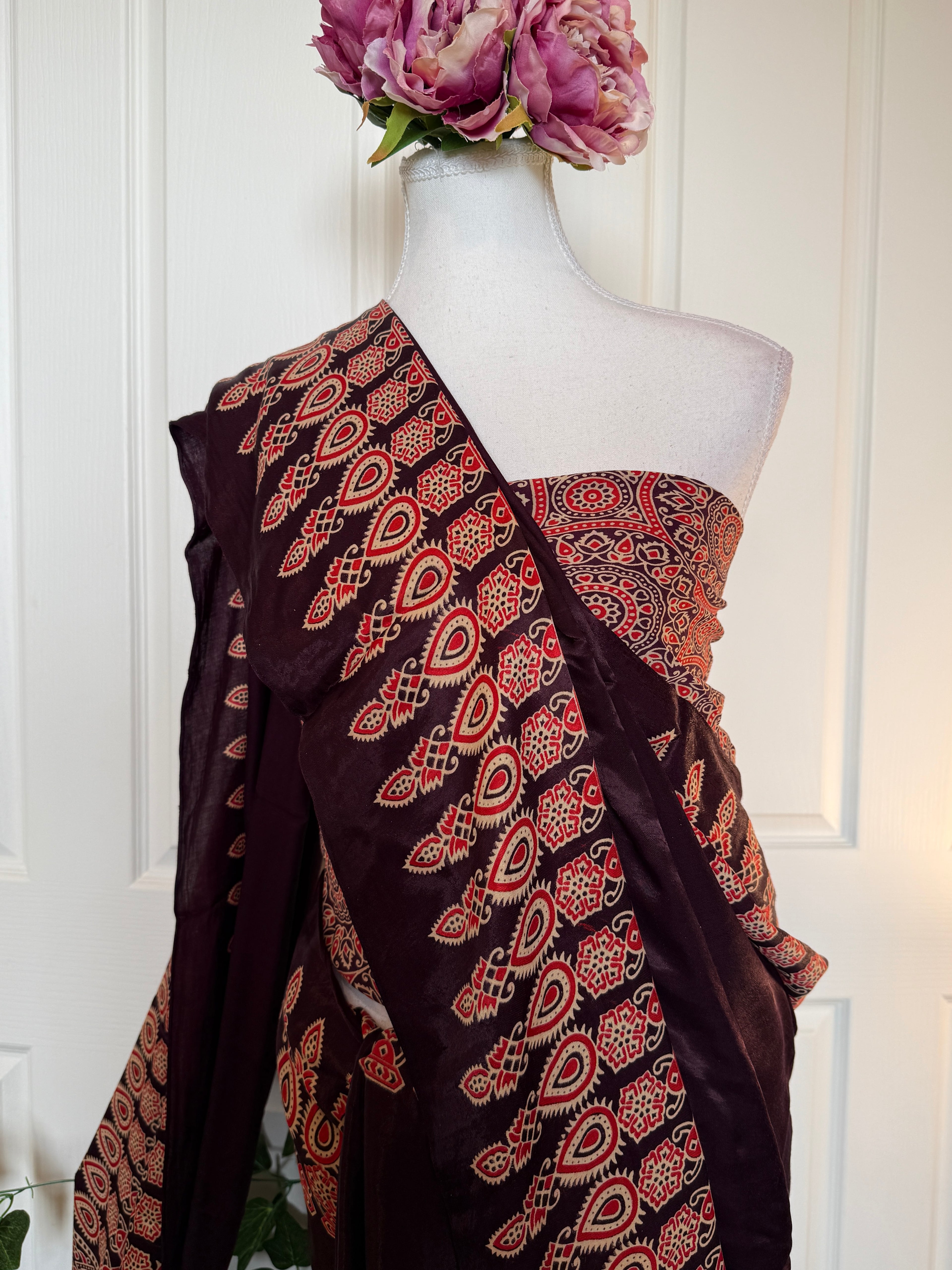 Saanjh – Plum Ajrakh Print Satin Silk Saree with Designer Pallu