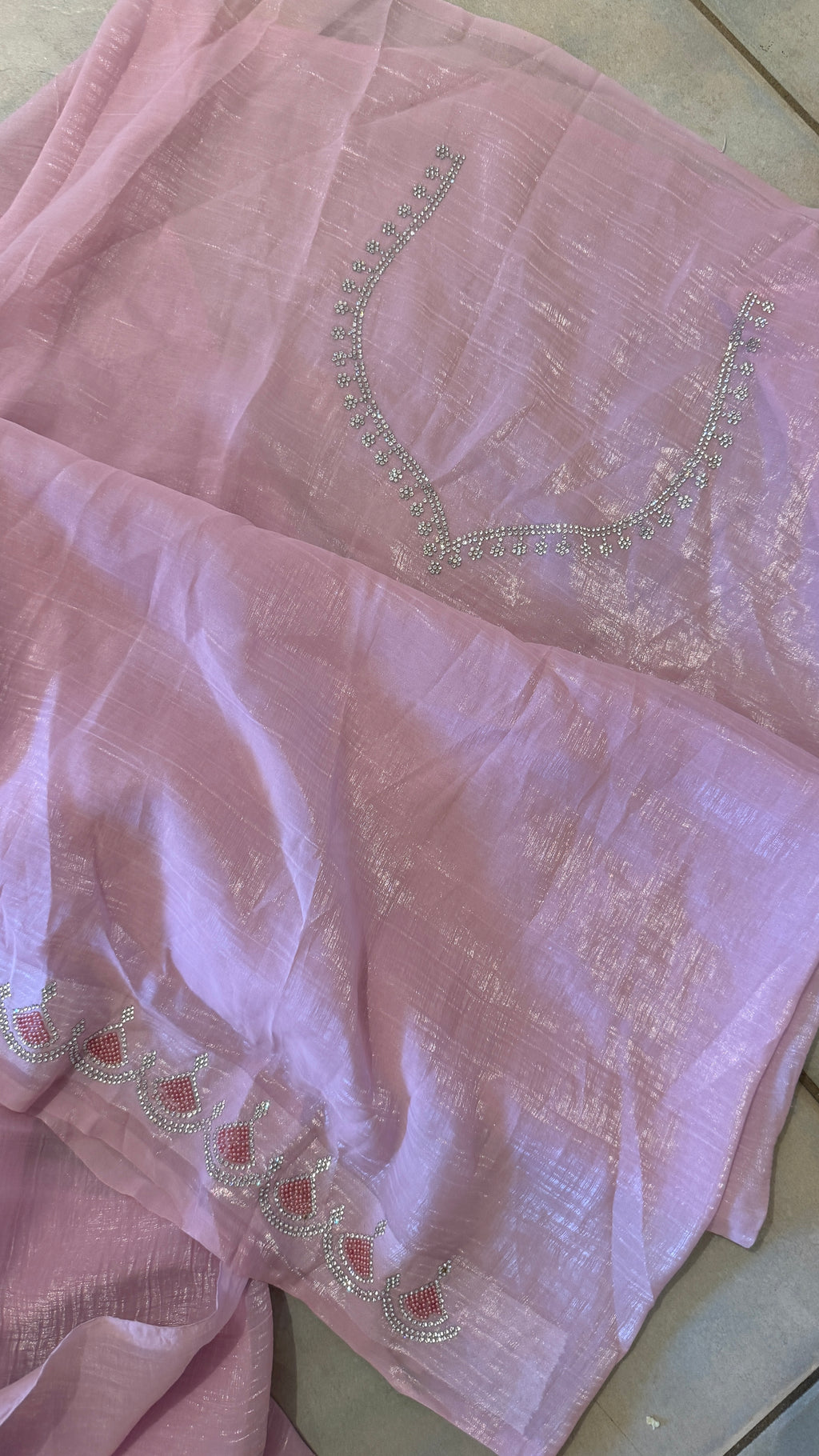 Blush Pink Shimmer Crepe Saree with Embellished Border
