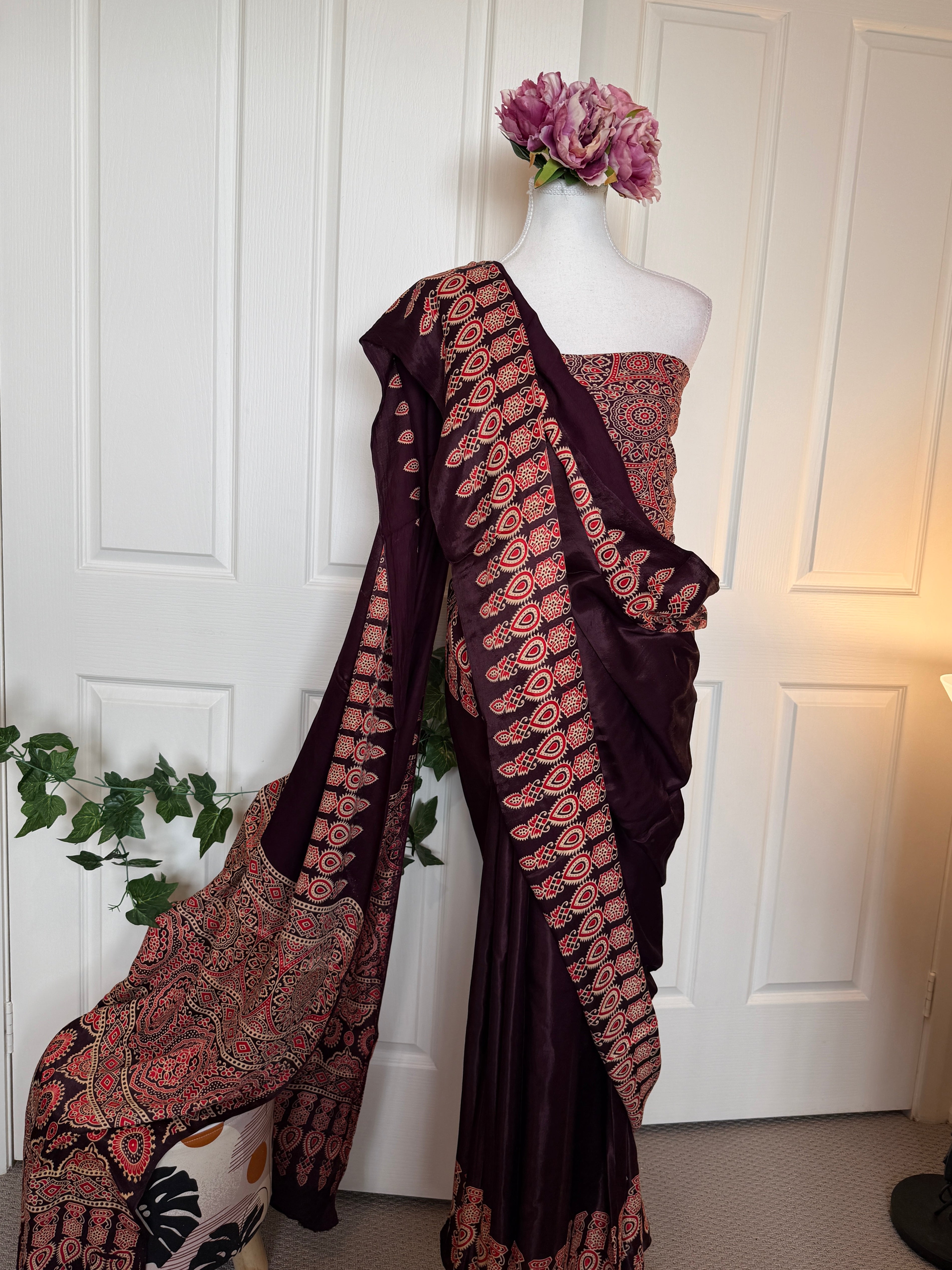 Saanjh – Plum Ajrakh Print Satin Silk Saree with Designer Pallu