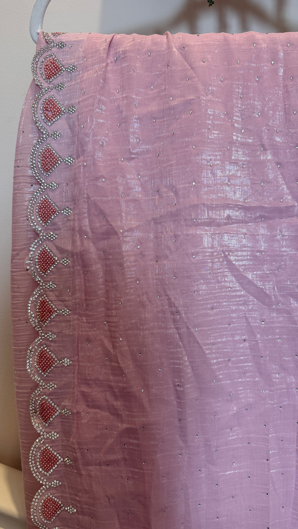 Blush Pink Shimmer Crepe Saree with Embellished Border