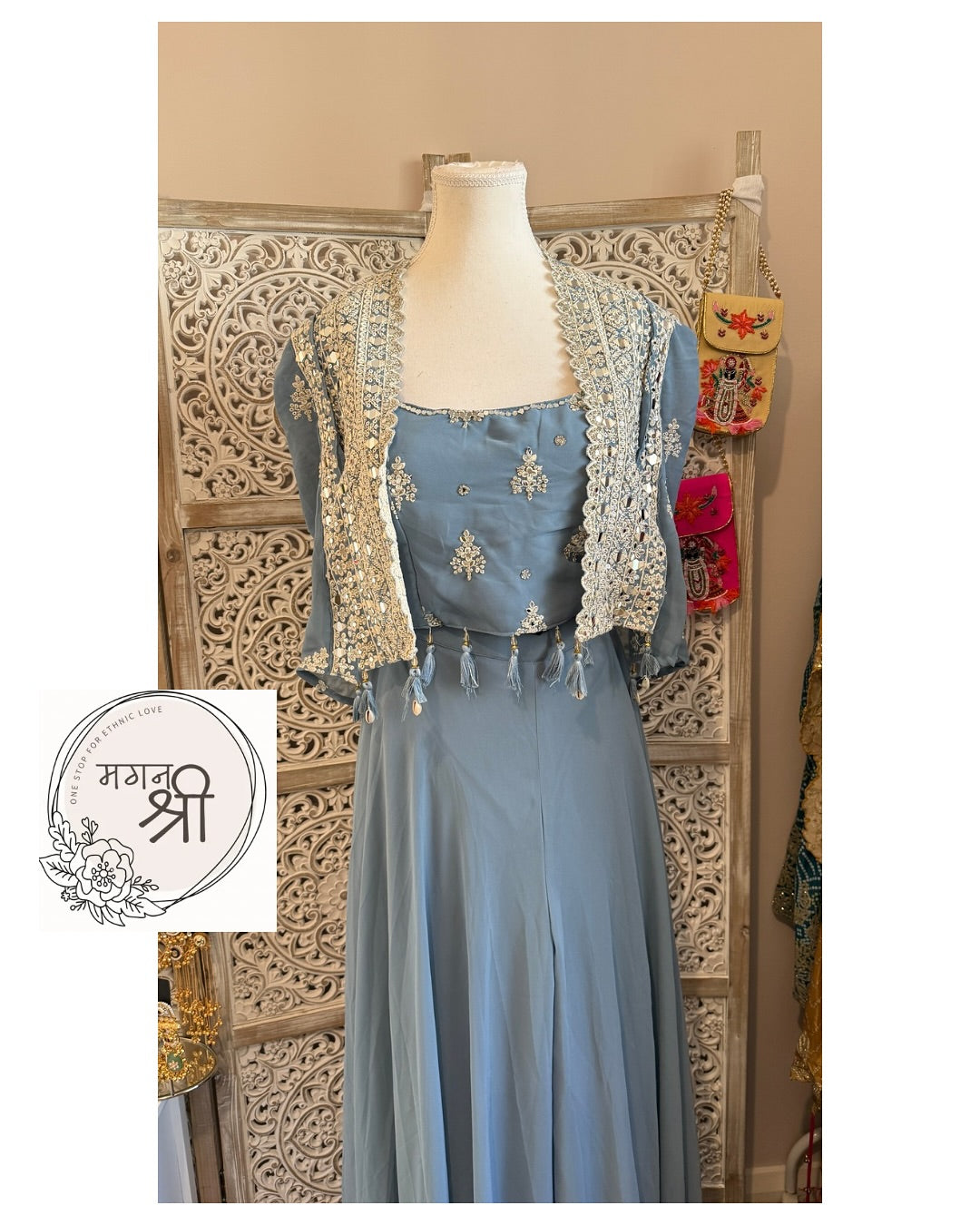 Neela Sitara — Steel Blue Embroidered Indo-Western