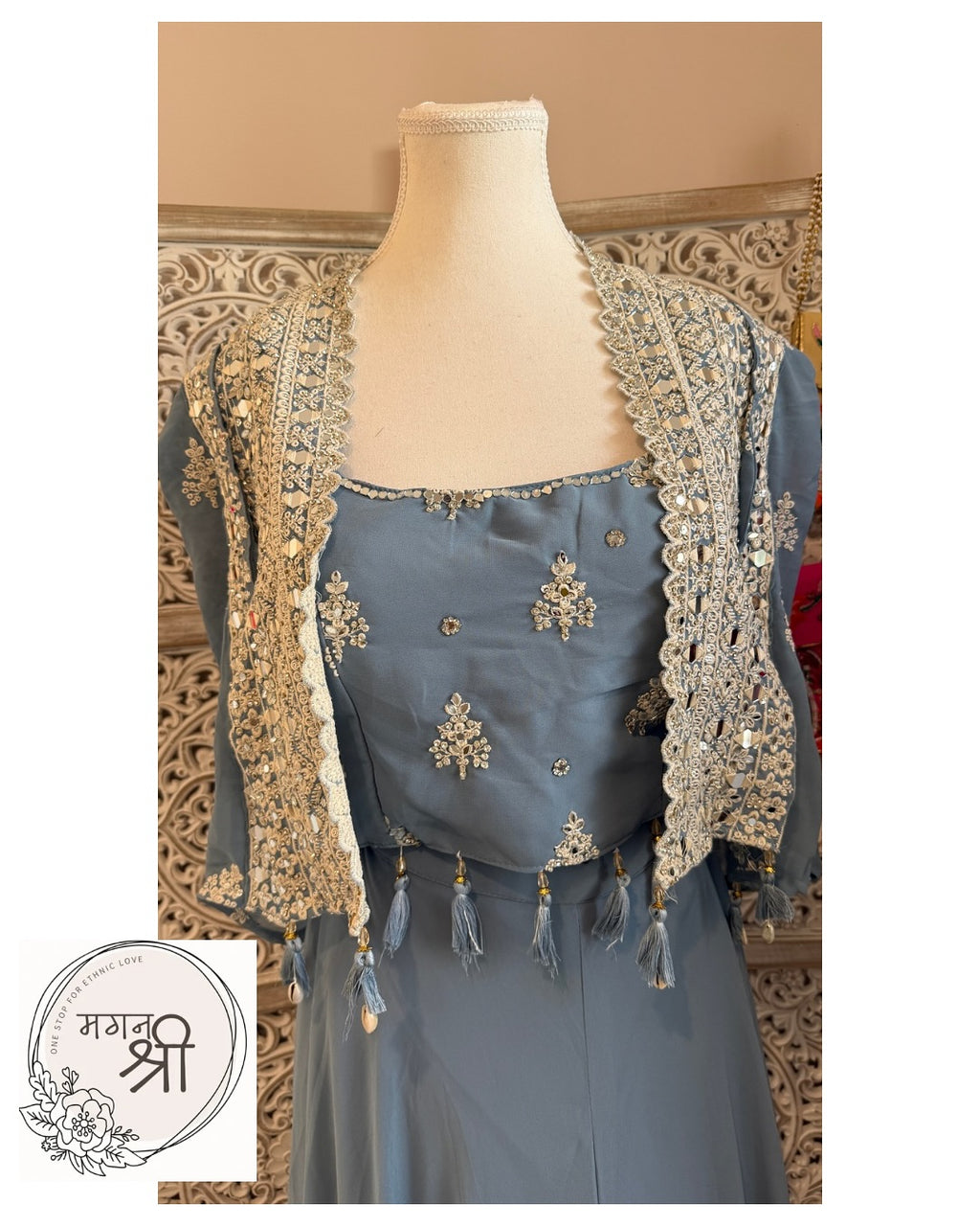 Neela Sitara — Steel Blue Embroidered Indo-Western