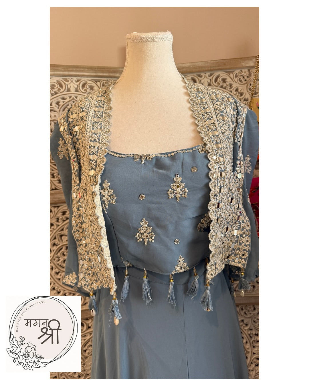 Neela Sitara — Steel Blue Embroidered Indo-Western