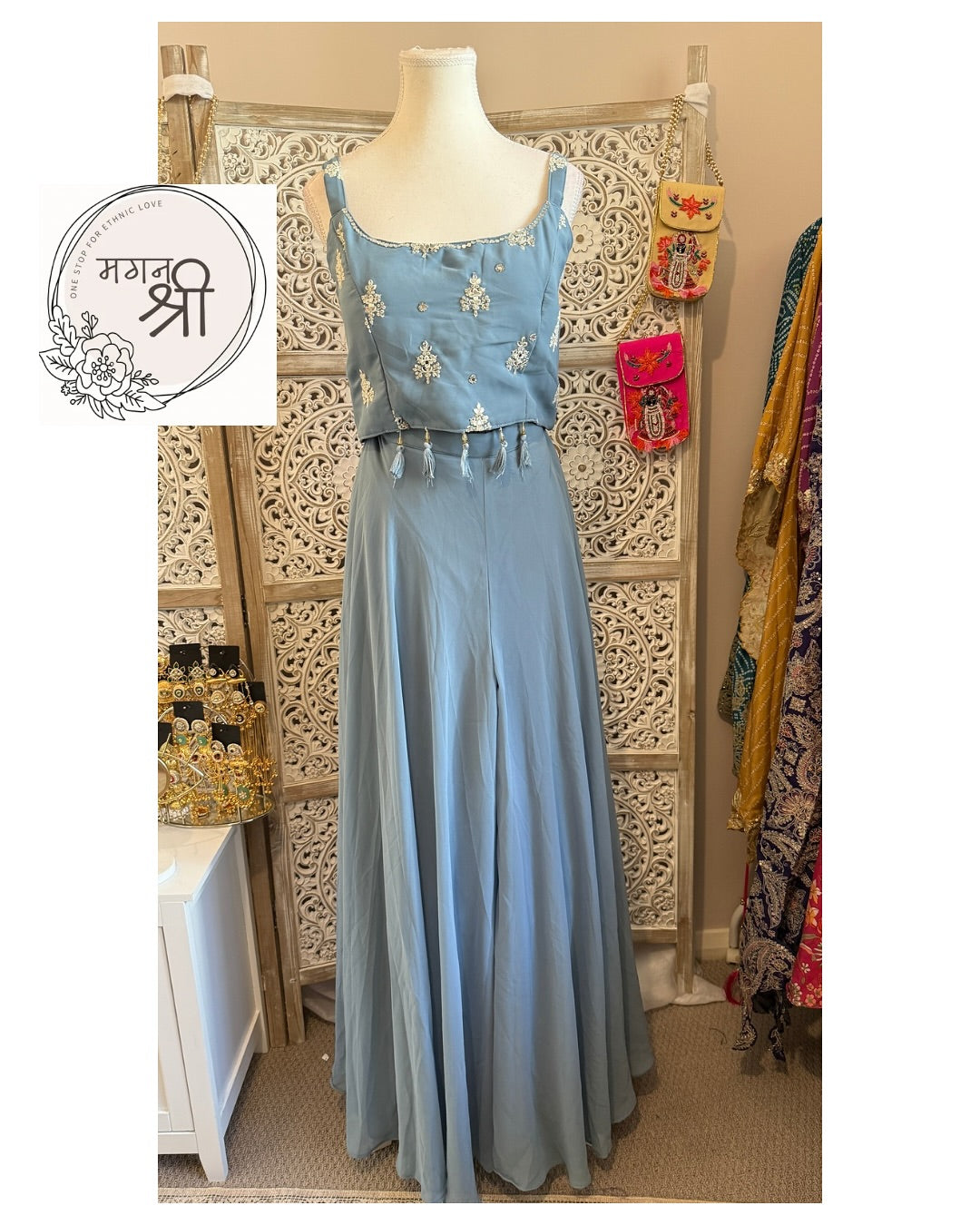 Neela Sitara — Steel Blue Embroidered Indo-Western