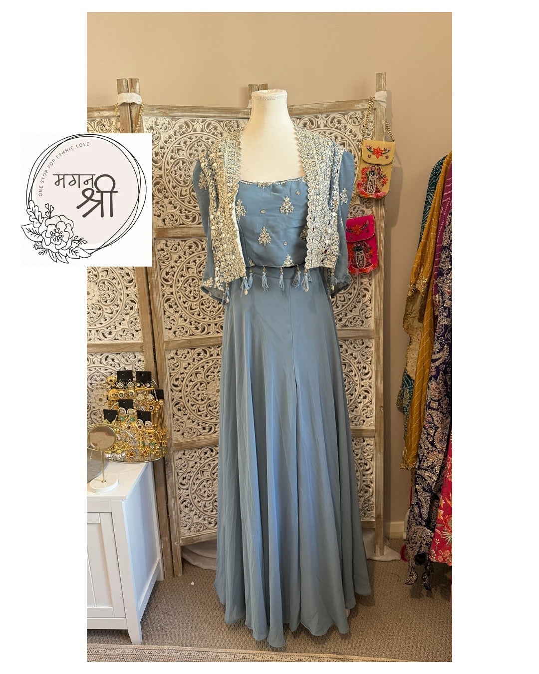 Neela Sitara — Steel Blue Embroidered Indo-Western