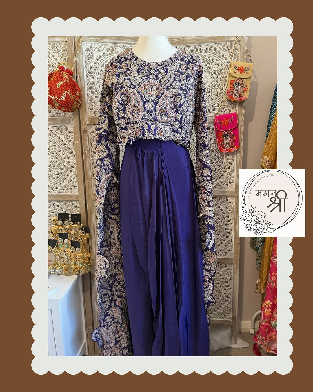 Neelam Paisley — Indigo Embroidered Crop Top &amp; Dhoti Skirt Set