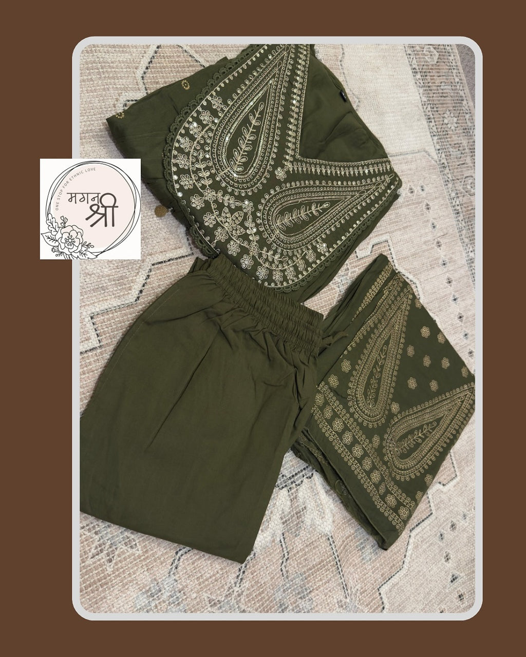 Aranya Anarkali — Olive Green Embroidered Cotton Kurta Set