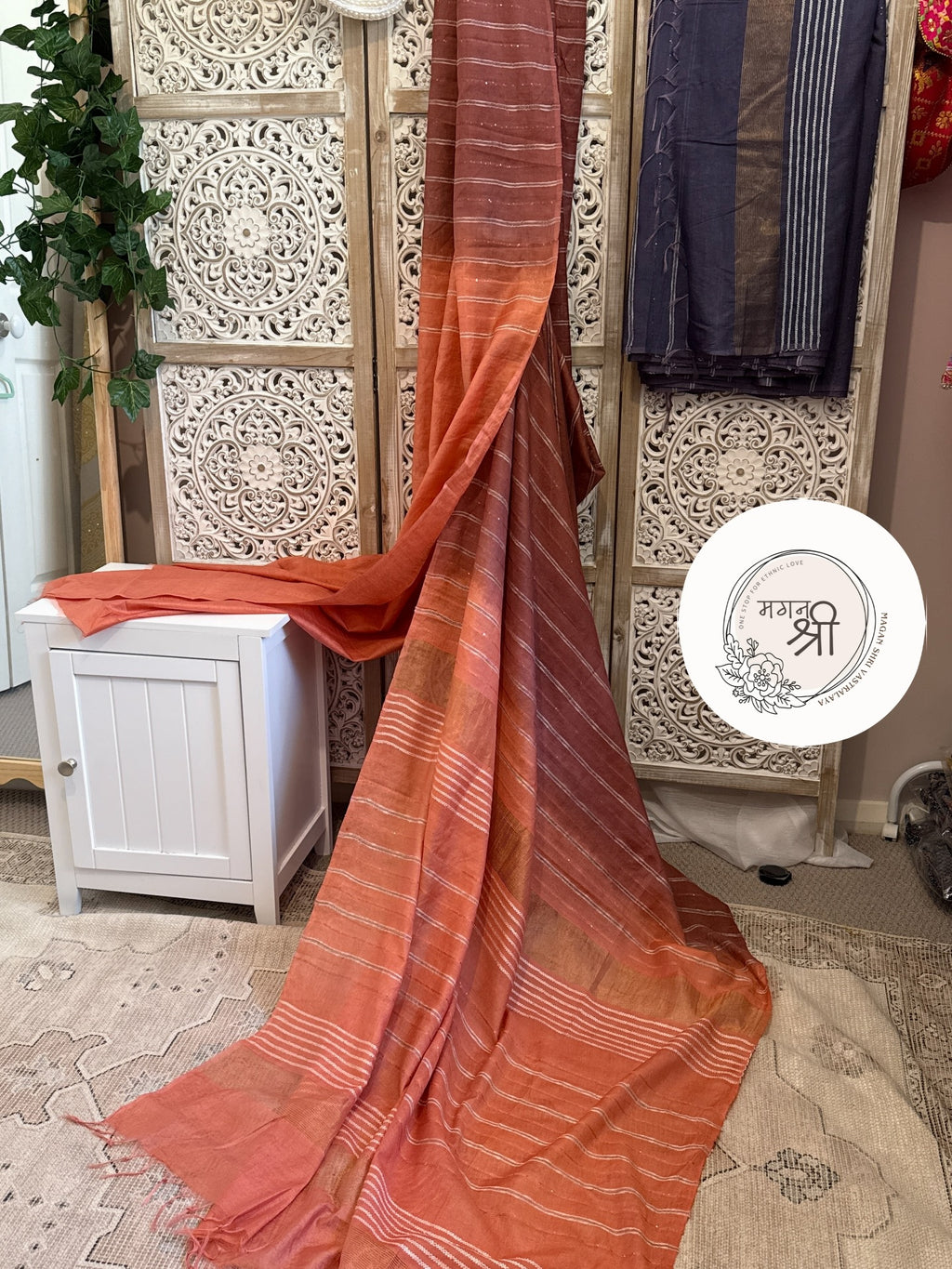 Handwoven Linen Saree with Running Thread Stripes