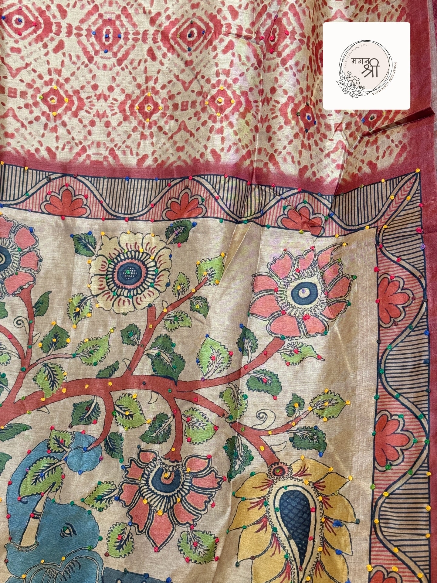Rust Heritage Knot Embroidery Botanical Saree