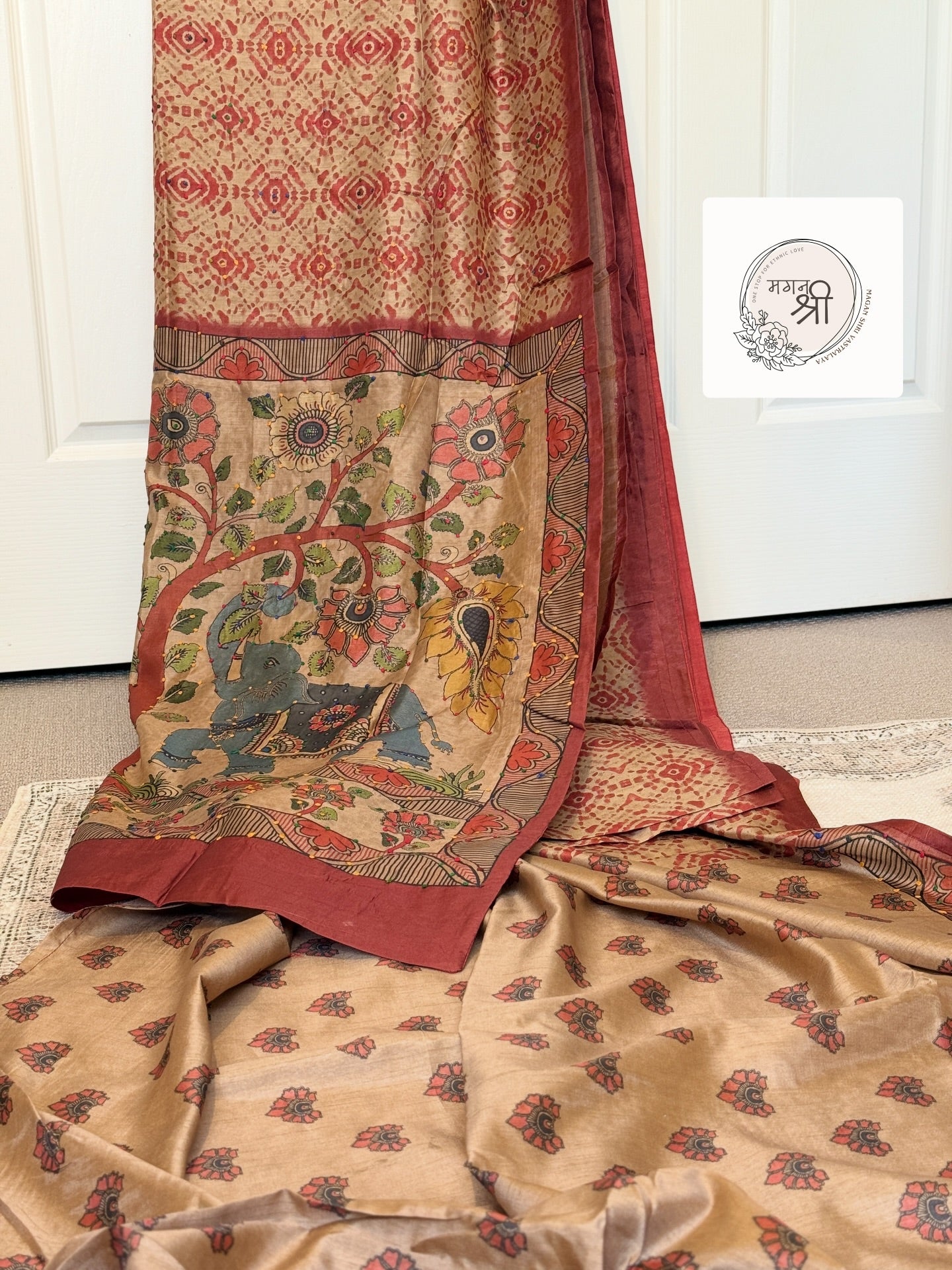Rust Heritage Knot Embroidery Botanical Saree