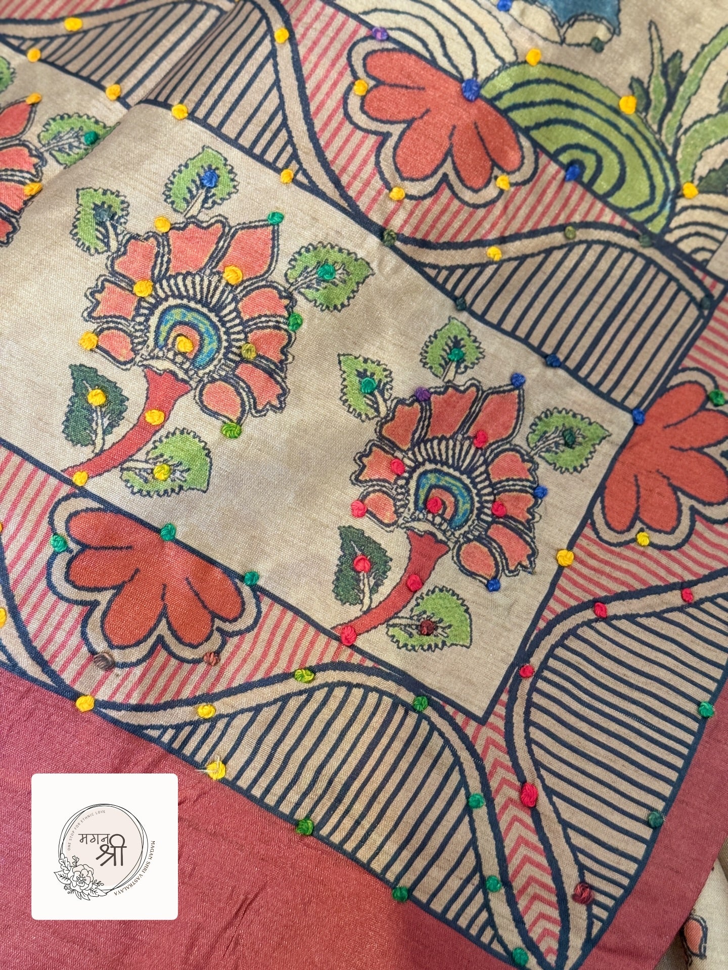 Rust Heritage Knot Embroidery Botanical Saree