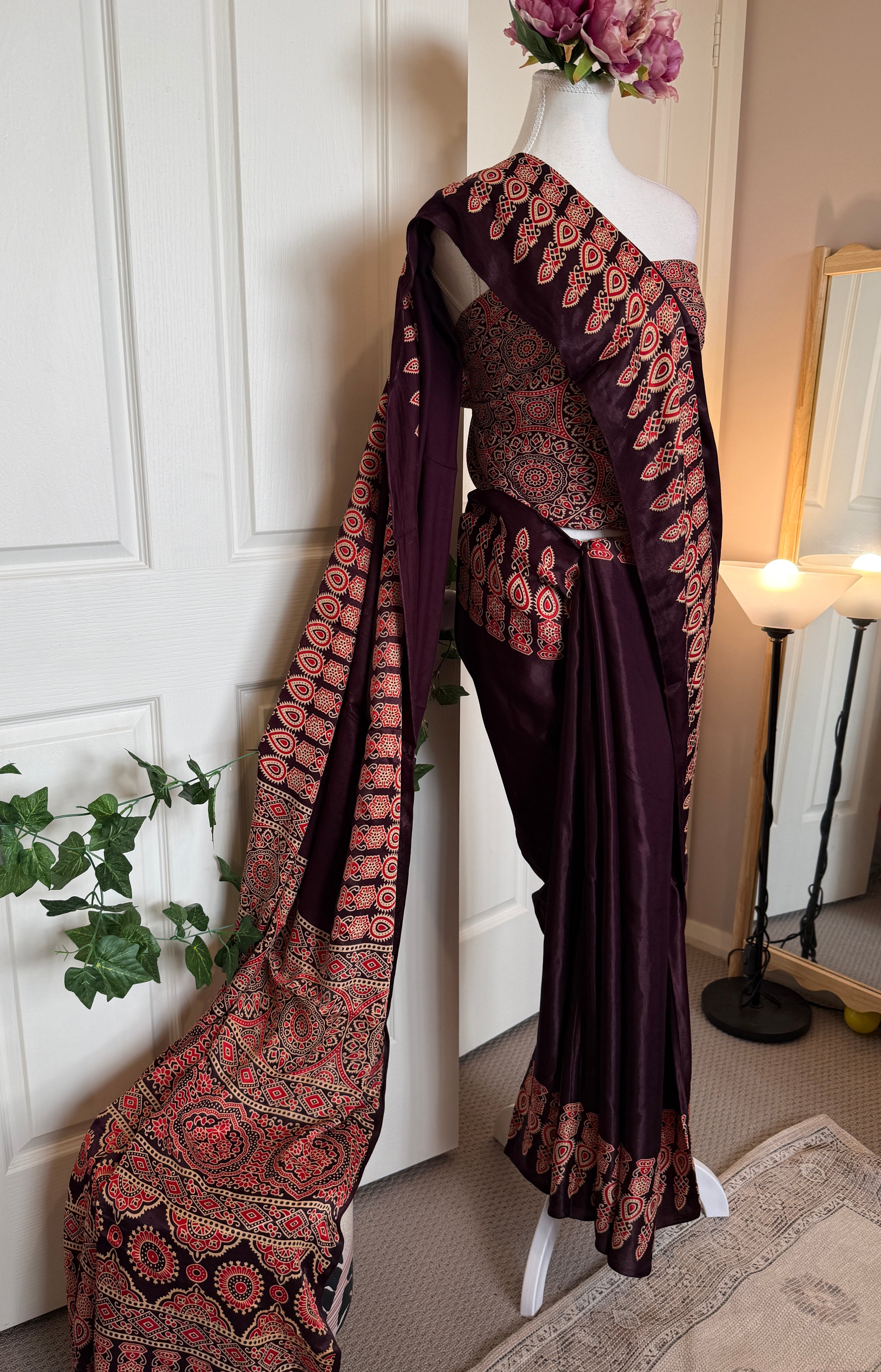 Saanjh – Plum Ajrakh Print Satin Silk Saree with Designer Pallu