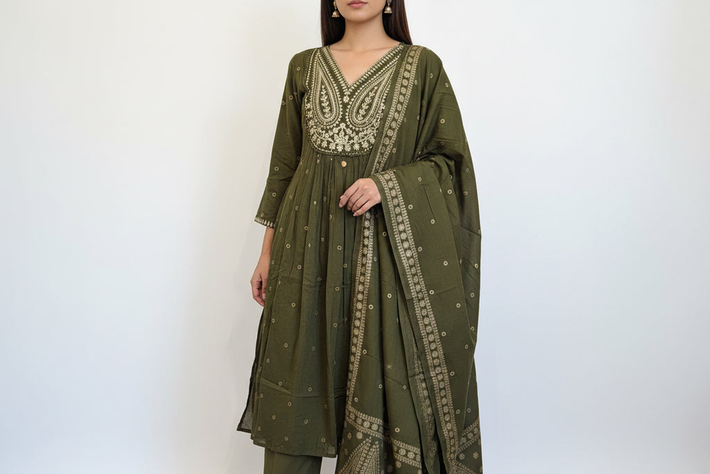 Aranya Anarkali — Olive Green Embroidered Cotton Kurta Set