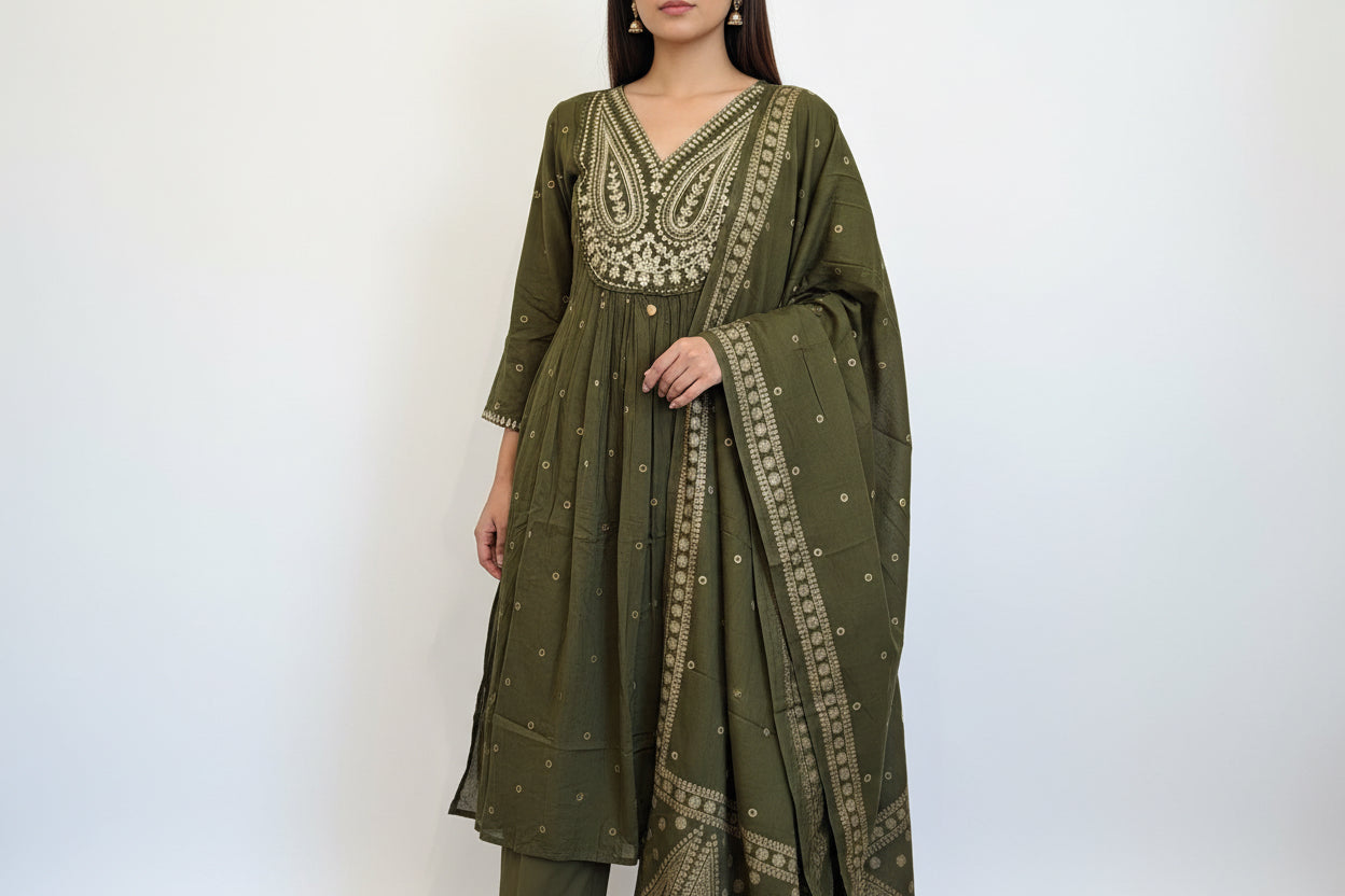 Aranya Anarkali — Olive Green Embroidered Cotton Kurta Set
