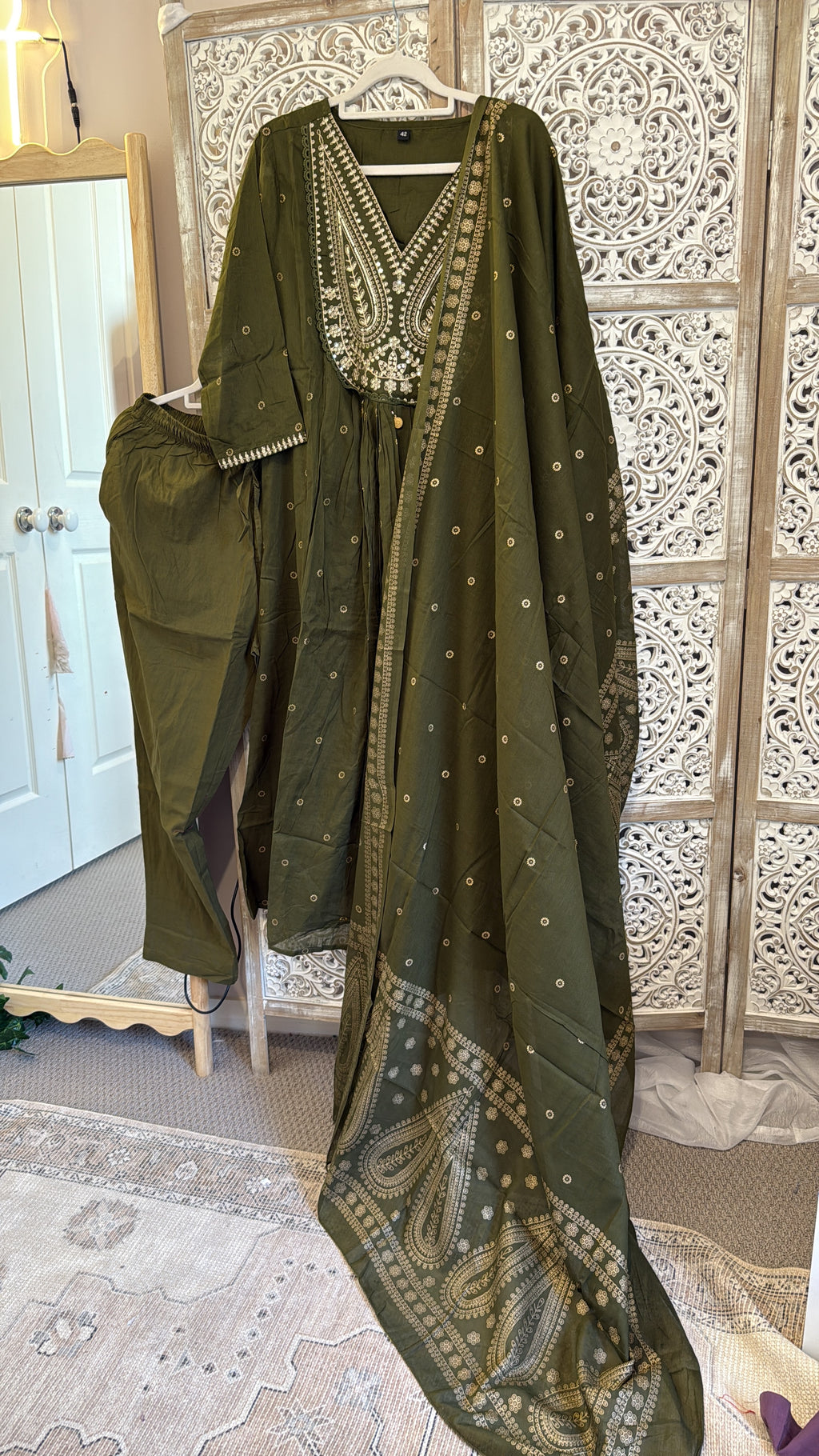 Aranya Anarkali — Olive Green Embroidered Cotton Kurta Set