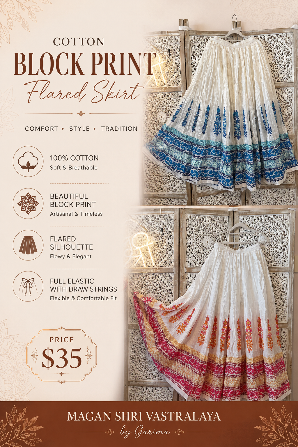 Cotton Block Print Flared Skirt with Elastic Waist & Side Drawstrings
