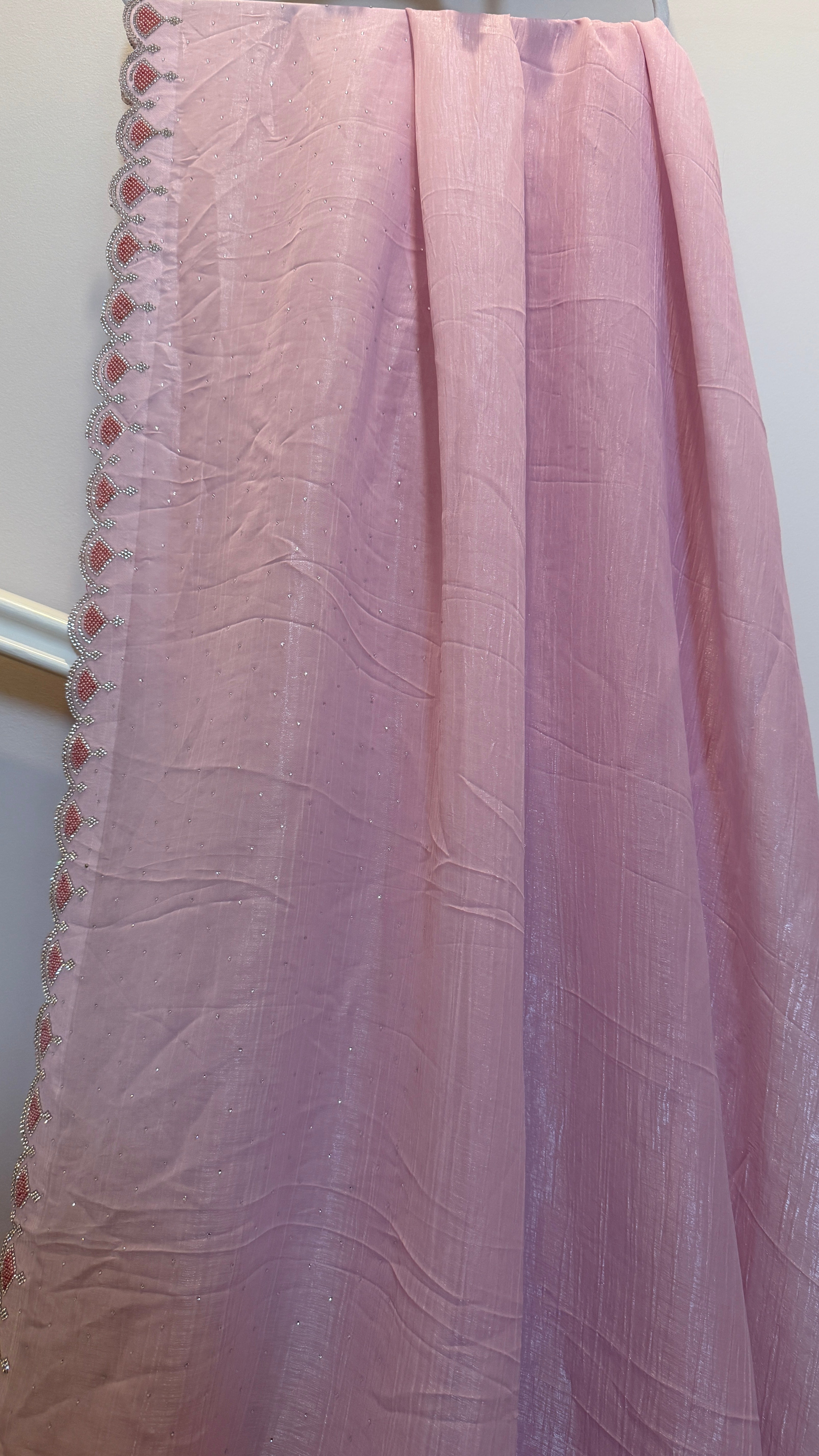 Blush Pink Shimmer Crepe Saree with Embellished Border