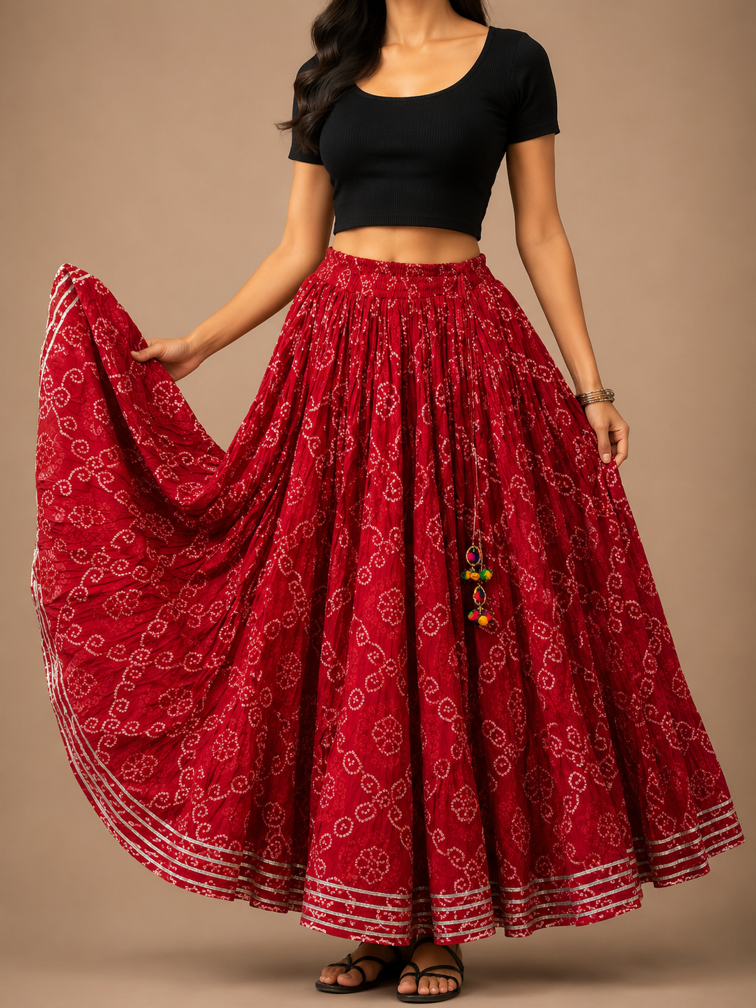 Bandhani Cotton Flared Skirt – Full Elastic Waist with Side Drawstrings
